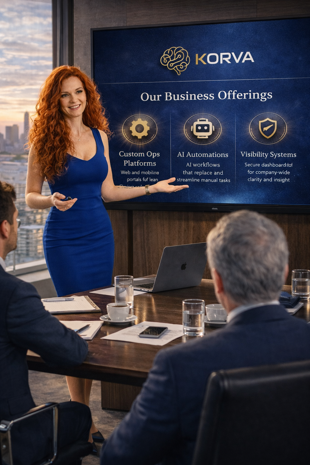 Lisa King presenting KORVA business offerings in a conference room