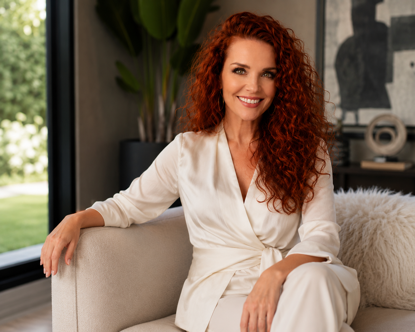 Lisa King in a polished white suit in a modern interior